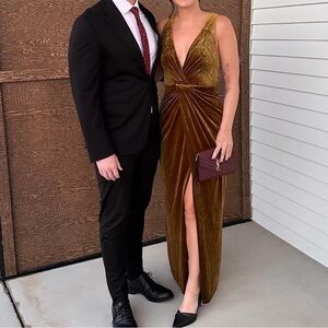 Gold velvet low v neck floor length dress